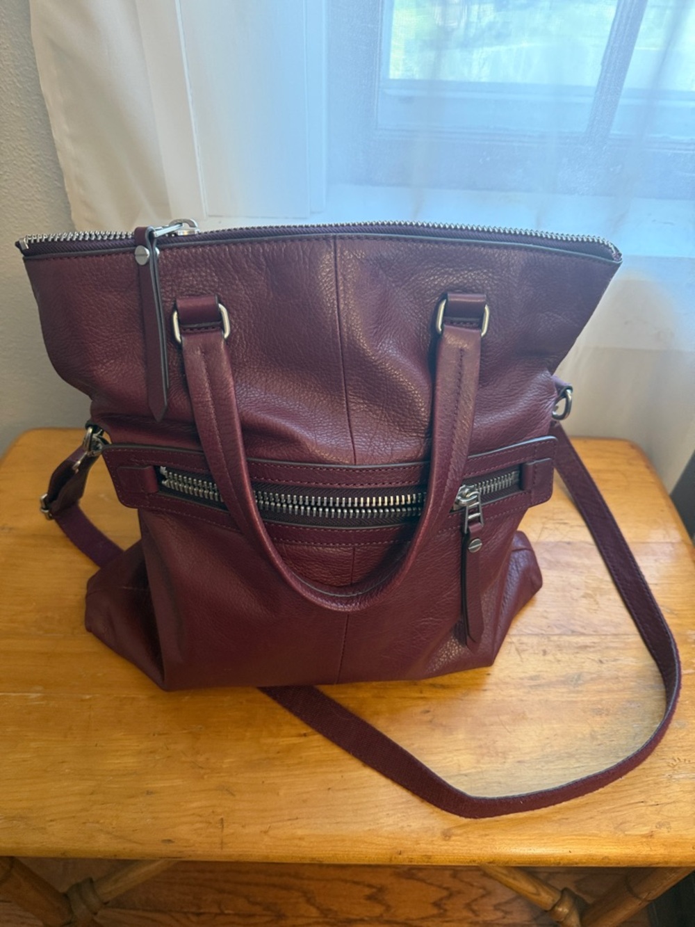 Fossil Fold Over Burgundy Messenger Bag